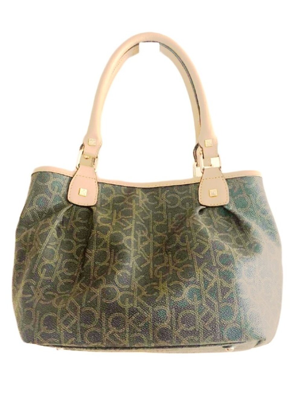 Calvin Klein CK Monogram Tote Satchel Tan Handles 3-Compartment Bag